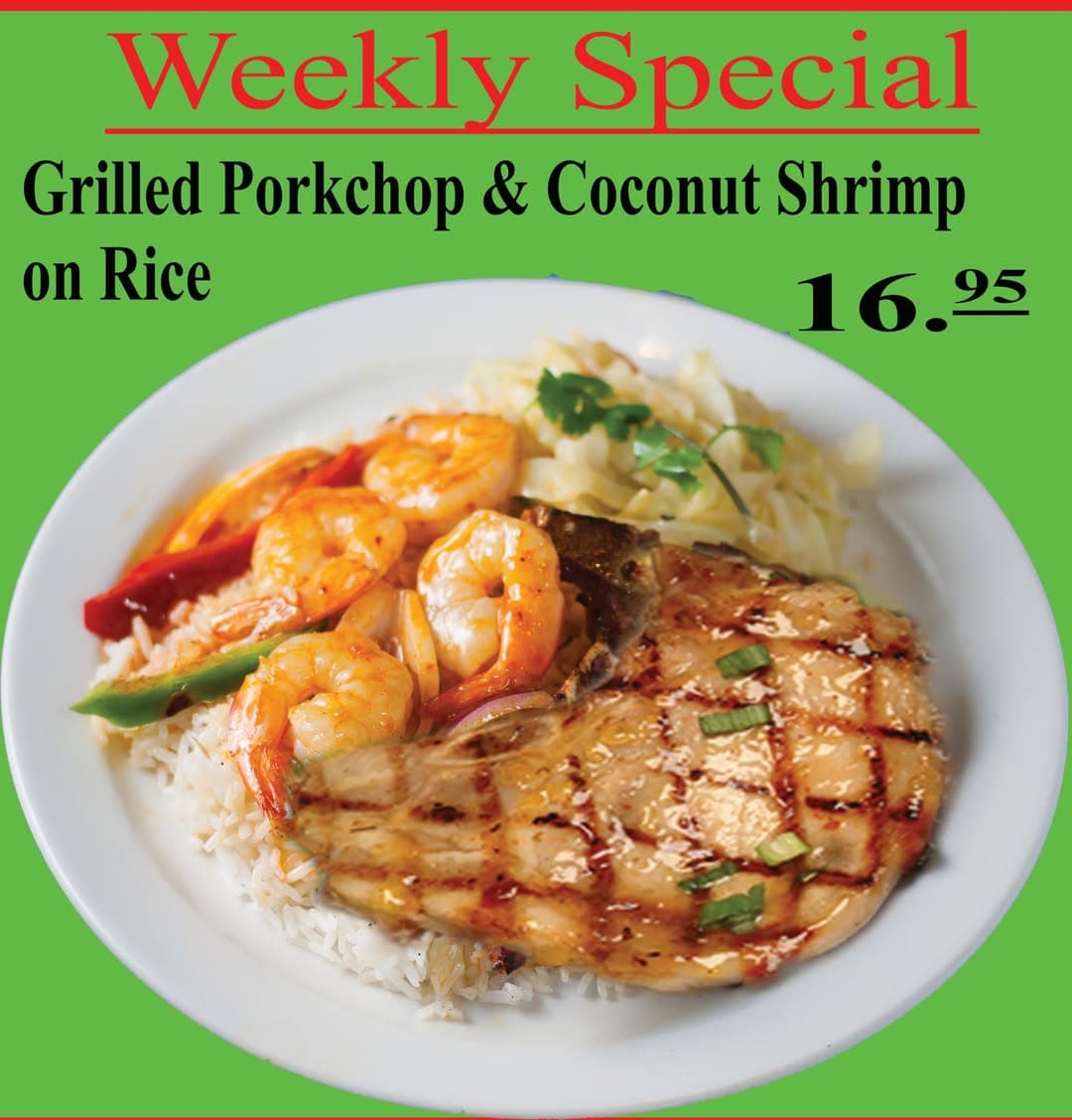 Grilled Pork Chop & Coconut Shrimp Rice Plate